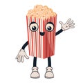 Popcorn bucket funny mascot. Cartoon popping corn cute character with emotions, arms and legs flat vector illustration