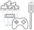 Popcorn Bucket with Gaming Controller and Fork Highlighting Leisure and Entertainment Concepts Royalty Free Stock Photo