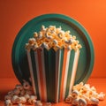 Popcorn in a bucket with green white and orange stripes, ai generated Royalty Free Stock Photo