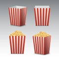 Popcorn bucket isolated. Full and empty pop corn box for cinema. Delicious salty snack food Royalty Free Stock Photo