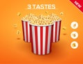 Popcorn bucket isolated. Full and empty pop corn box for cinema. Delicious salty snack Royalty Free Stock Photo