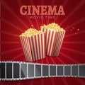 Popcorn bucket isolated. Full and empty pop corn box and film stripe for cinema. Delicious salty snack food Royalty Free Stock Photo