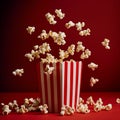 Popcorn in a bucket scatters on a red background