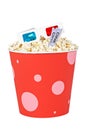Popcorn bucket, two tickets and 3D glasses Royalty Free Stock Photo