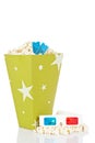 Popcorn bucket, two tickets and 3D glasses Royalty Free Stock Photo