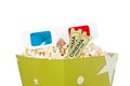 Popcorn bucket, two tickets and 3D glasses Royalty Free Stock Photo