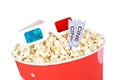 Popcorn bucket, two tickets and 3D glasses Royalty Free Stock Photo