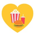 Popcorn. Burger. Soda drink glass with straw. Heart shape. I love Movie Cinema icon set. Fast food menu. Flat design. White Royalty Free Stock Photo