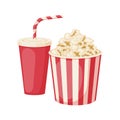 Popcorn and carbonated drink. A big bucket of popcorn and a glass of soda. Fast food. Food for watching movies. Vector Royalty Free Stock Photo