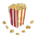 Popcorn cardboard carton box with red stripes with corn isolated on white background. Watercolor hand drawn illustration in Royalty Free Stock Photo