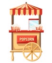 Popcorn cart carnival store and fun festival cart. Popcorn cartoon delicious tasty retro car. Candy corn container seller snack fo Royalty Free Stock Photo