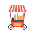 Popcorn Cart with Female Seller, Street Food Transport, Mobile Shop Vector Illustration