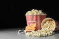 Popcorn, cinema tickets and 3d glasses on table. Space for text Royalty Free Stock Photo