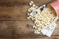 Popcorn, cinema tickets and 3d glasses  on background, flat lay. Space for text Royalty Free Stock Photo