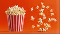 Popcorn in classic red and white striped container, red background, hight detailed upscaled image