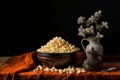 Popcorn in a clay bowl on a wooden table on a black background, Recreation artistic still life of popcorn opend and closed in a