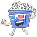 Popcorn container wear glasses to watch movies, doodle icon image kawaii Royalty Free Stock Photo