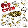 Popcorn and corn on the cob. Colorful vector illustration on white background in sketch style. Royalty Free Stock Photo