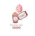 Popcorn, cotton candy and ticket. Logo in retro style