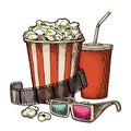 Popcorn, cup for beverages with straw, film strip and 3D glasses for cinema. Royalty Free Stock Photo