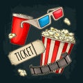 Popcorn, cup with straw, tiket, film strip, 3D glasses cinema. Royalty Free Stock Photo