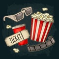 Popcorn, cup with straw, ticket, film strip, 3D glasses cinema. Royalty Free Stock Photo