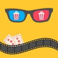 Popcorn. 3D glasses. Film strip border. Tickets. Pop corn. Red striped box. Cinema movie night icon. Flat design. Yellow Royalty Free Stock Photo