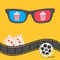 Popcorn. 3D glasses. Film strip border. Tickets. Pop corn. Red striped box. Reel. Cinema movie night icon set. Flat design. Yellow Royalty Free Stock Photo