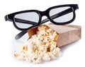 Popcorn and 3D glasses isolated on white Royalty Free Stock Photo