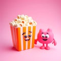 popcorn 3D illustration and next to it a pink weirdo with eyes