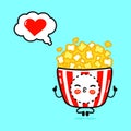 Popcorn doing yoga with speech bubble. Vector hand drawn cartoon kawaii character illustration icon. Isolated on blue Royalty Free Stock Photo