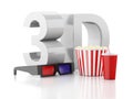 Popcorn, drink and 3d glasses. 3d illustration