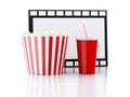 Popcorn, drink and film reel. 3d illustration