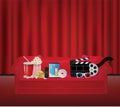 Popcorn drink remote dvd movie box 3d glass film on a Red sofa with red curtain backgrond Royalty Free Stock Photo