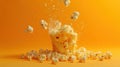 Popcorn exploding and flying out of a bucket on a vibrant orange background Royalty Free Stock Photo