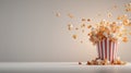 Popcorn exploding and flying out of a classic red and white striped bucket Royalty Free Stock Photo