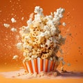 Popcorn exploding on orange background. Generative ai Royalty Free Stock Photo