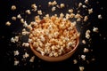 Popcorn exploding from a pan, with kernels flying in all directions, capturing the energy and surprise of popcorn popping.