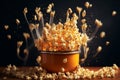 Popcorn exploding from a pan, with kernels flying in all directions, capturing the energy and surprise of popcorn popping.