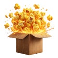 Popcorn Explosion from Cardboard Box with Flames on White Background image photo Royalty Free Stock Photo