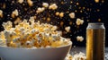 Popcorn explosion with refreshing drink can in dynamic motion Royalty Free Stock Photo