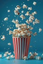 Popcorn explosively bursting from a striped container.