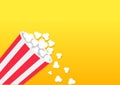 Popcorn falling down. Striped bucket box. Movie Cinema icon in flat design style. Pop corn popping. Left side template. Empty spac Royalty Free Stock Photo