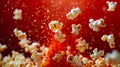 Popcorn falling on a red background