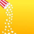 Popcorn falling from round box. Movie Cinema icon in flat design style. Pop corn raining down in the air. Yellow gradient backgrou