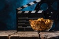 Popcorn film reel and movie clapper on wood background. Screensaver for the inscription of the rest of the viewing of films. Royalty Free Stock Photo