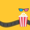 Popcorn. Film strip border. 3D glasses Red striped box. Cinema movie night icon in flat design style. Yellow background. Royalty Free Stock Photo