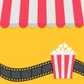 Popcorn. Film strip. Cinema icon. Striped store awning for shop, marketplace, cafe, restaurant. Red white canopy roof. Flat design