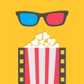 Popcorn. Film strip line. Pop corn. Red white box. 3D glasses. Cinema movie night icon. Poster template. Flat design style. Yellow Royalty Free Stock Photo