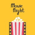 Popcorn. Film strip line. Pop corn. Red white box. Movie night. Cinema icon. Poster template. Flat design style. Yellow background Royalty Free Stock Photo